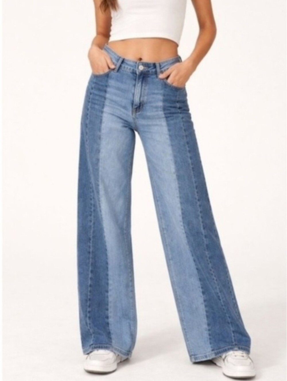 NWT American Eagle Outfitters Two-Tone Panel Wide-Leg Jeans - Light & Dark Blue